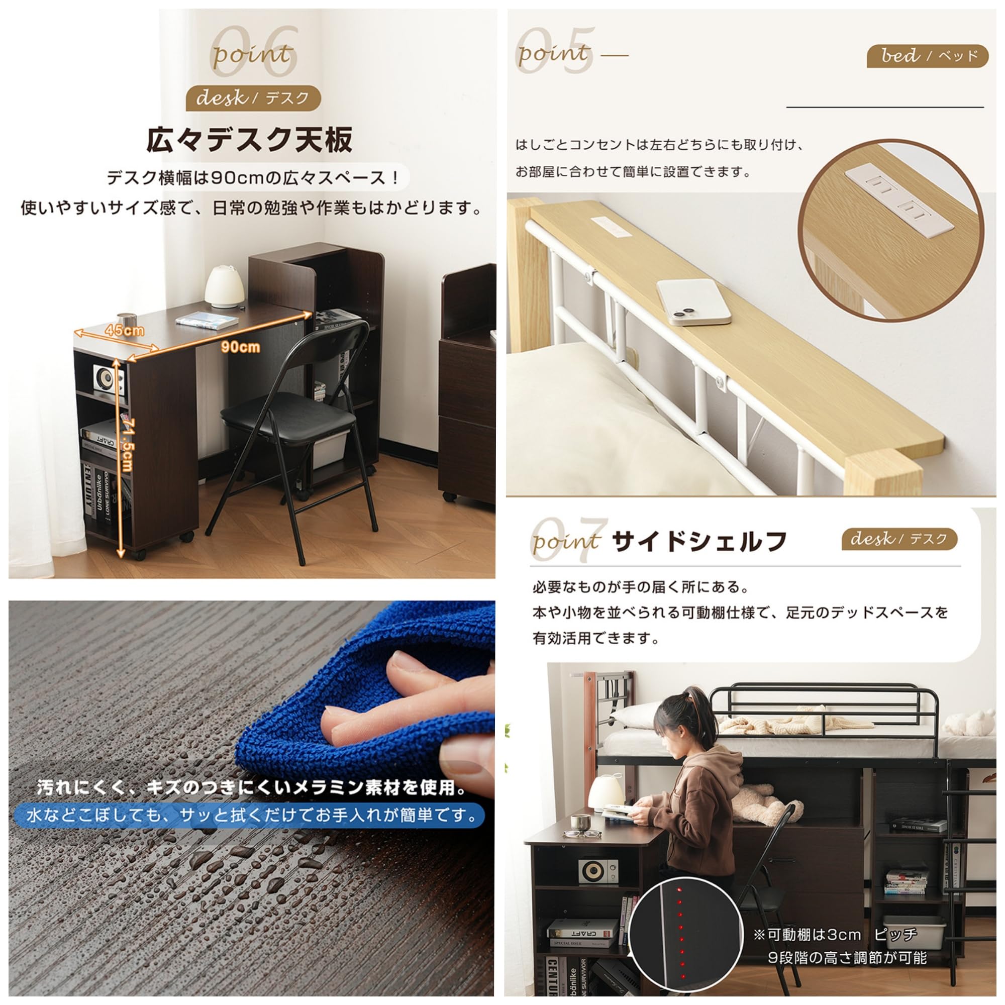 Amazon｜ロフトベッド システムベッド 4点セット ロフトベッド+デスク
